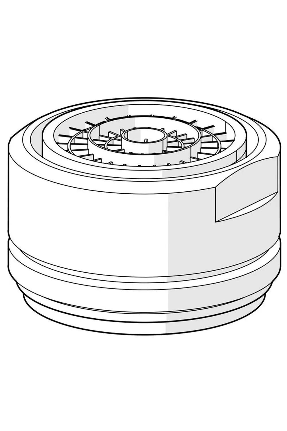 Luftsprudler von HANSA in zylindrischer Form, mit zentraler Düse und finnenartiger Struktur auf der oberen Fläche.